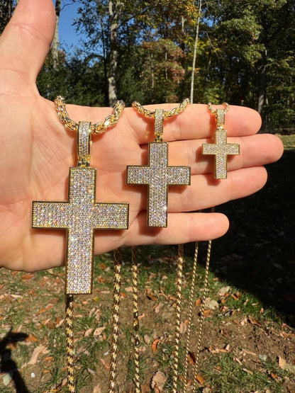 Hip Hop MOISSANITE Boss From All Sides 3D Iced Out Cross Pendant - 14k Gold Vermeil 925 Silver - 3 Sizes 1.25"-3.5"