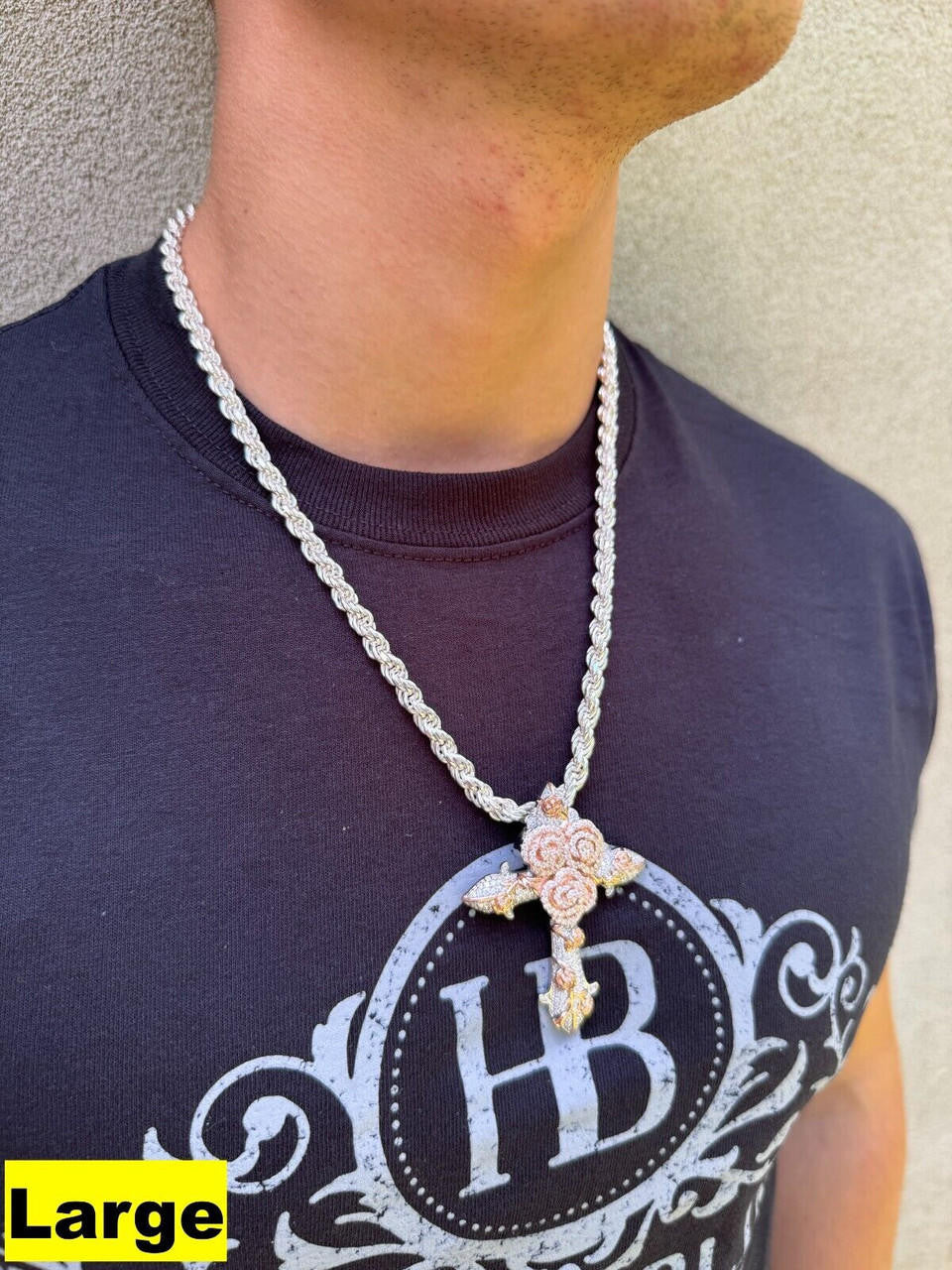 MOISSANITE Cross & Rose Thorns Pendant Iced Necklace Real 925
