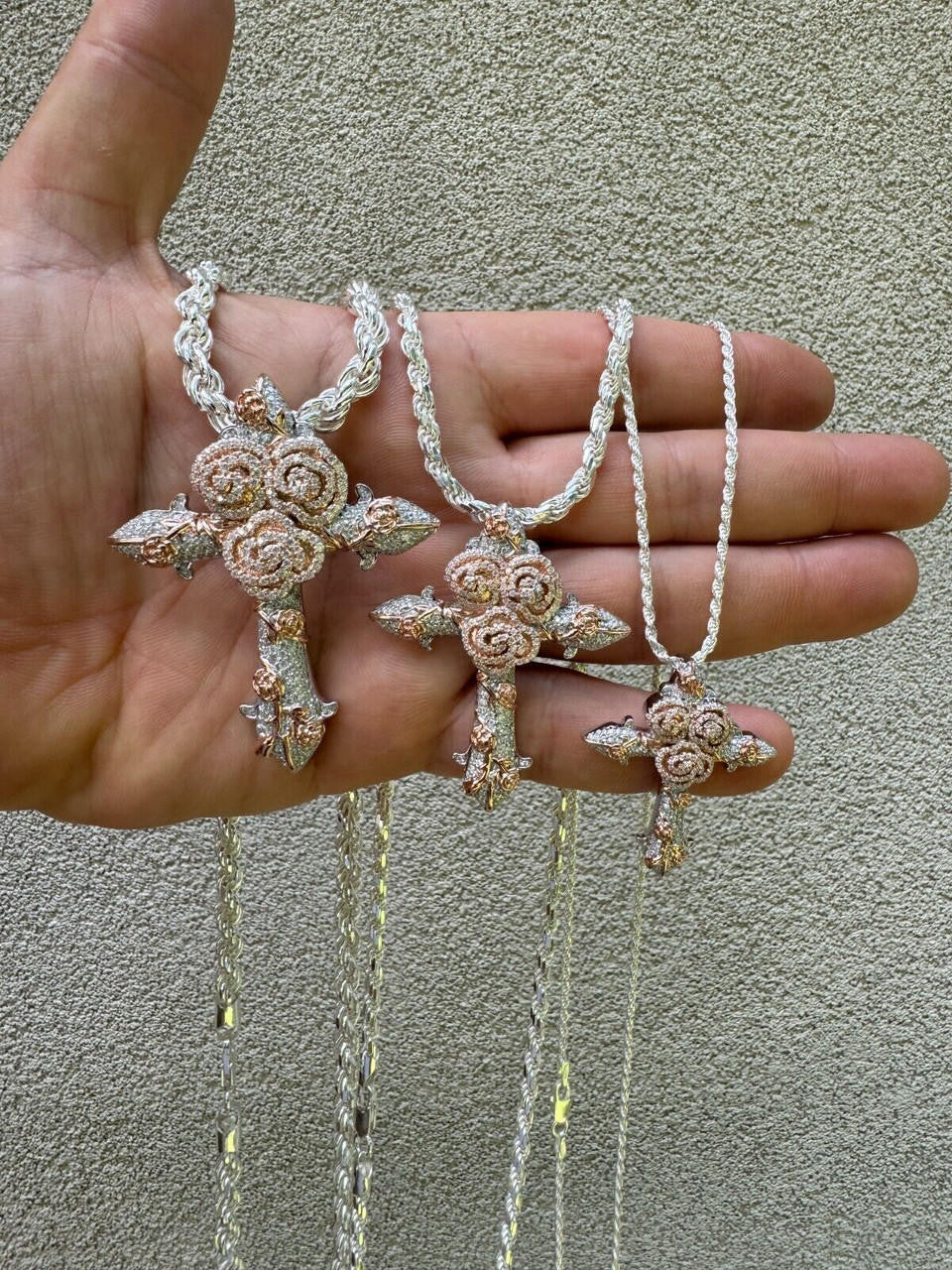 MOISSANITE Cross & Rose Thorns Pendant Iced Necklace Real 925