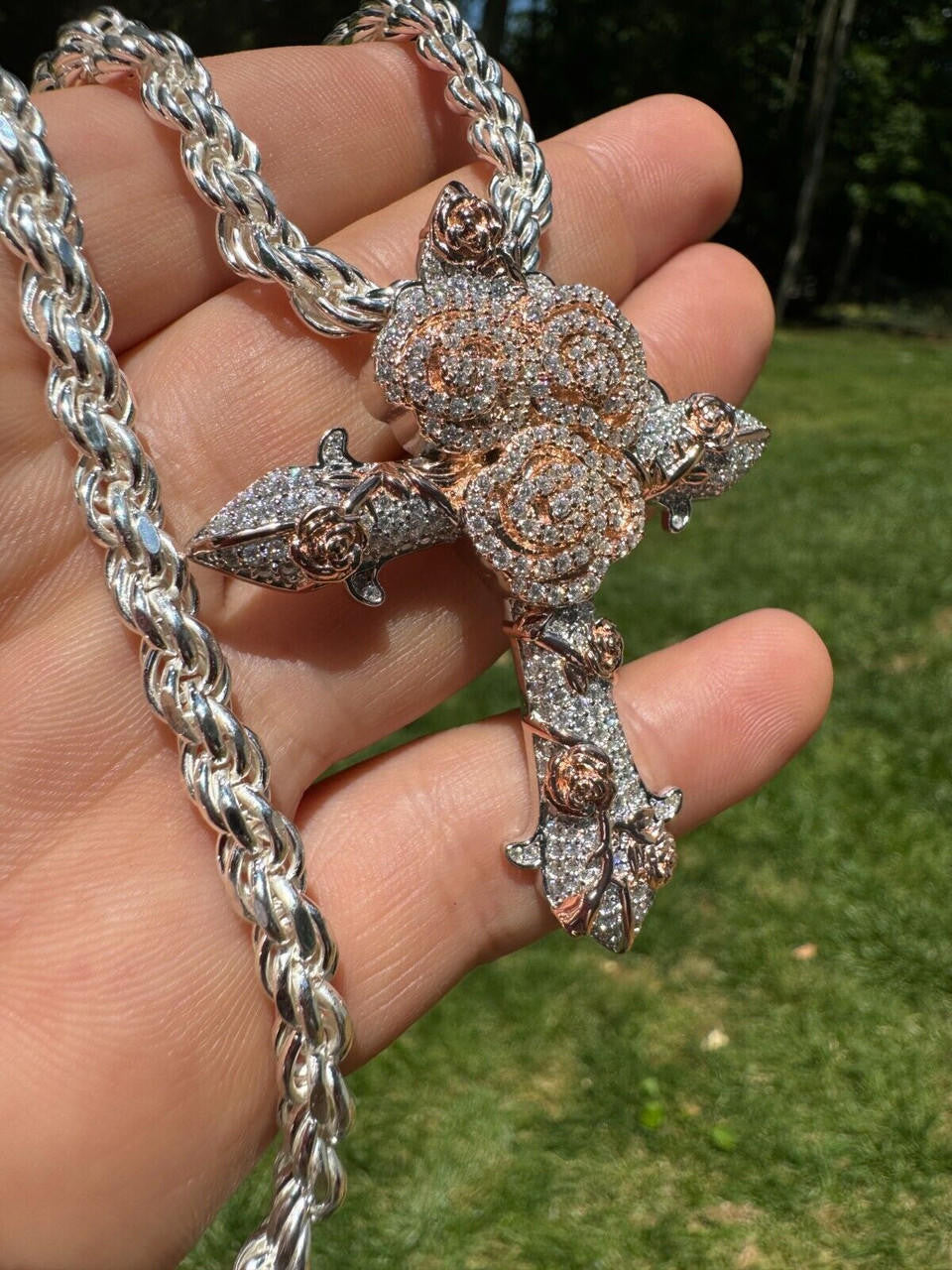 MOISSANITE Cross & Rose Thorns Pendant Iced Necklace Real 925