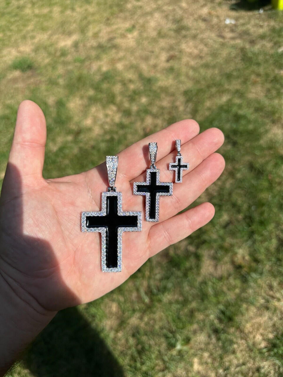 Hip Hop MOISSANITE Cross Pendant Iced Necklace Black Enamel Real 925 Silver 3 Sizes