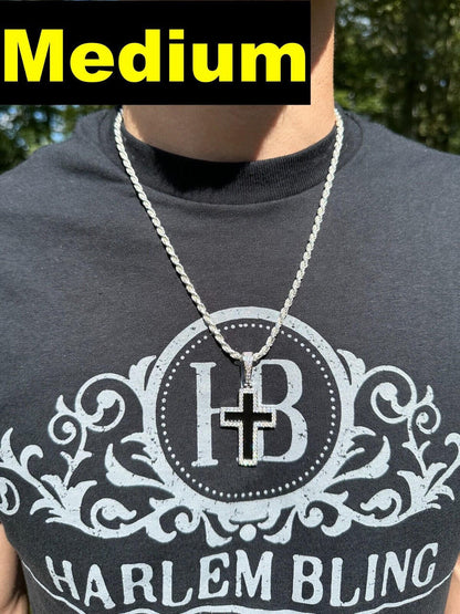 Hip Hop MOISSANITE Cross Pendant Iced Necklace Black Enamel Real 925 Silver 3 Sizes