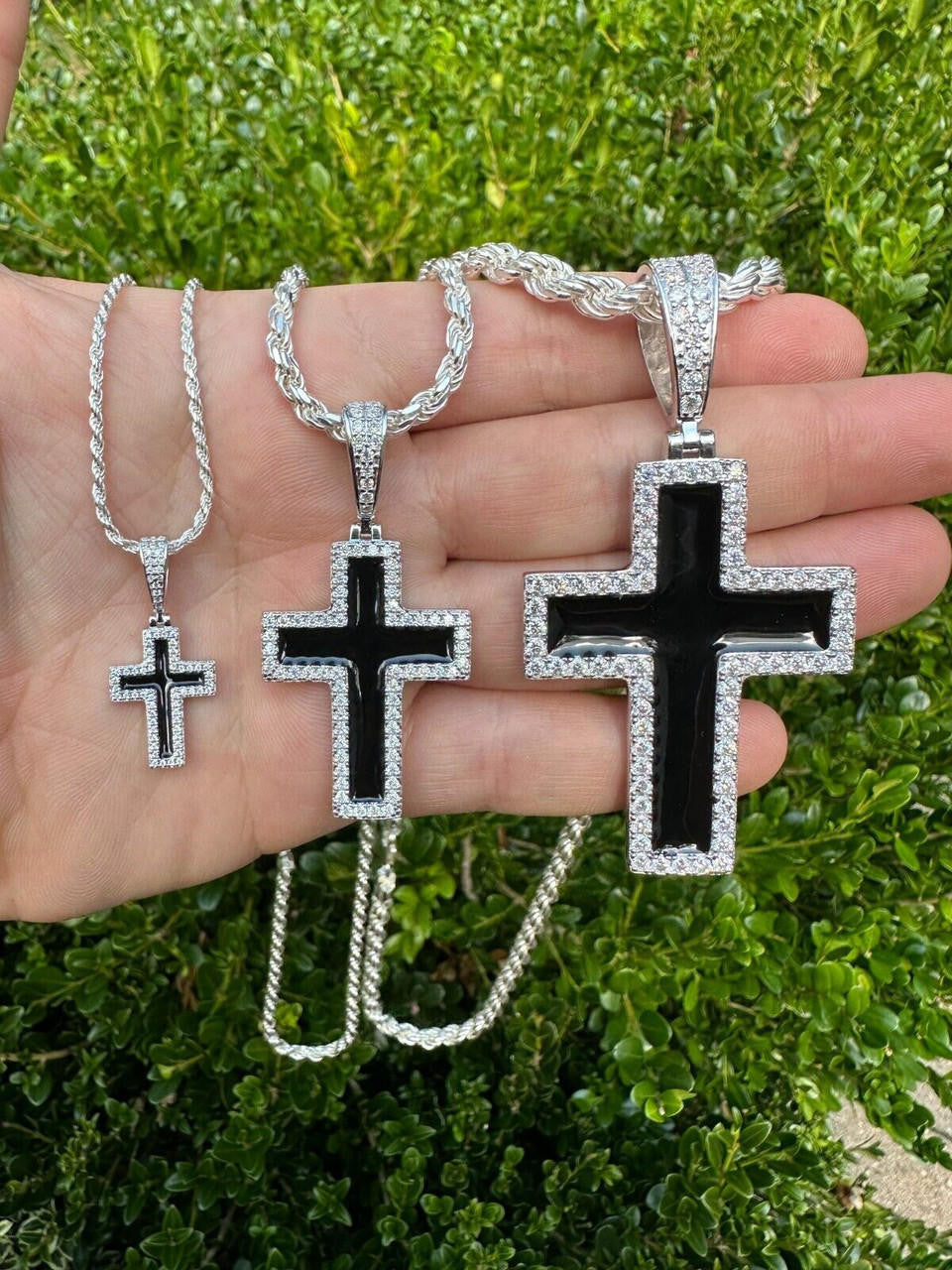 Hip Hop MOISSANITE Cross Pendant Iced Necklace Black Enamel Real 925 Silver 3 Sizes