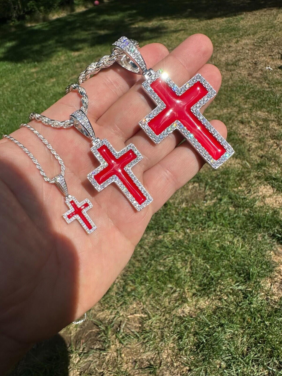 Hip Hop MOISSANITE Cross Pendant Iced Necklace Blood Red Enamel Real 925 Silver 3 Sizes