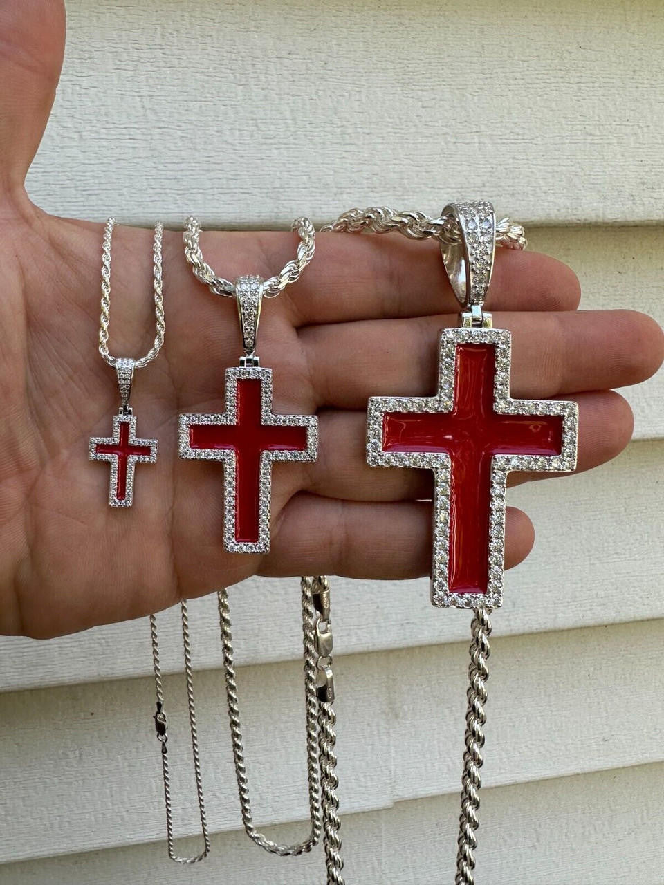 Hip Hop MOISSANITE Cross Pendant Iced Necklace Blood Red Enamel Real 925 Silver 3 Sizes
