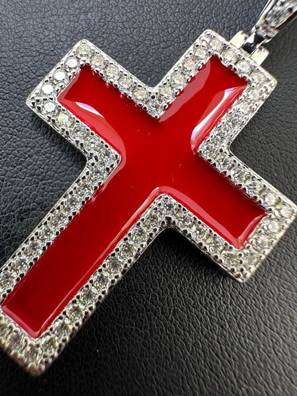 Hip Hop MOISSANITE Cross Pendant Iced Necklace Blood Red Enamel Real 925 Silver 3 Sizes