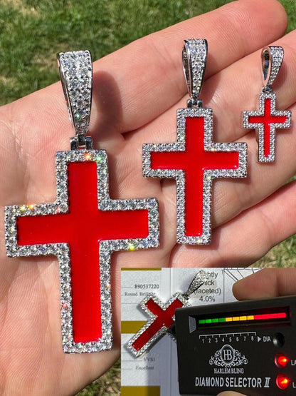Hip Hop MOISSANITE Cross Pendant Iced Necklace Blood Red Enamel Real 925 Silver 3 Sizes