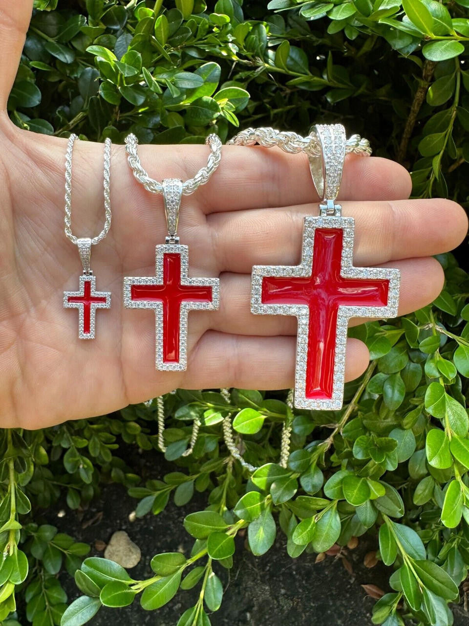 Hip Hop MOISSANITE Cross Pendant Iced Necklace Blood Red Enamel Real 925 Silver 3 Sizes