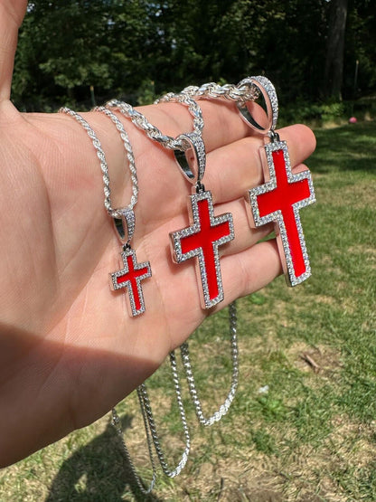 Hip Hop MOISSANITE Cross Pendant Iced Necklace Blood Red Enamel Real 925 Silver 3 Sizes