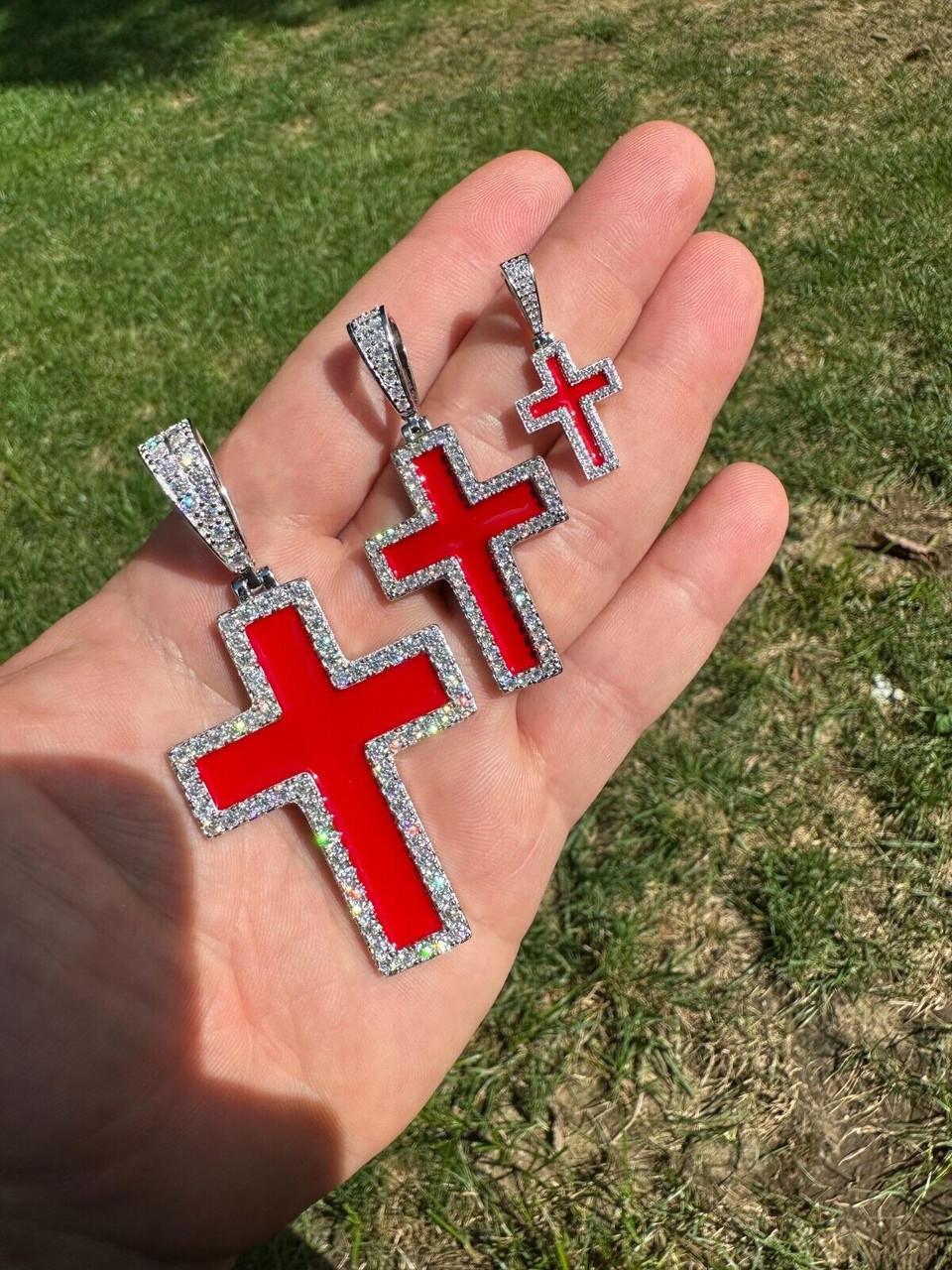 Hip Hop MOISSANITE Cross Pendant Iced Necklace Blood Red Enamel Real 925 Silver 3 Sizes