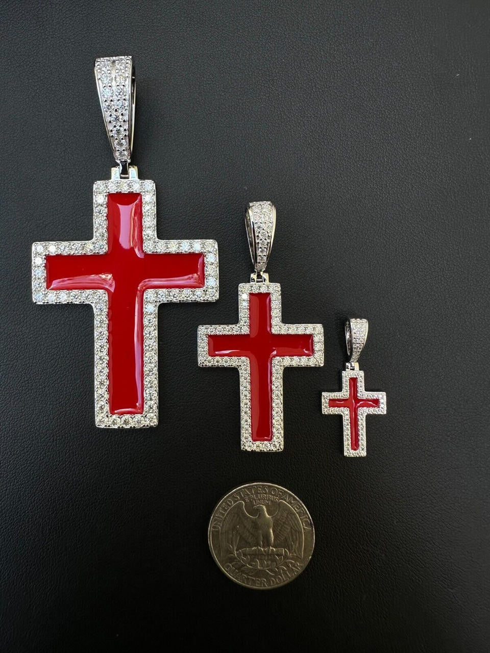 Hip Hop MOISSANITE Cross Pendant Iced Necklace Blood Red Enamel Real 925 Silver 3 Sizes