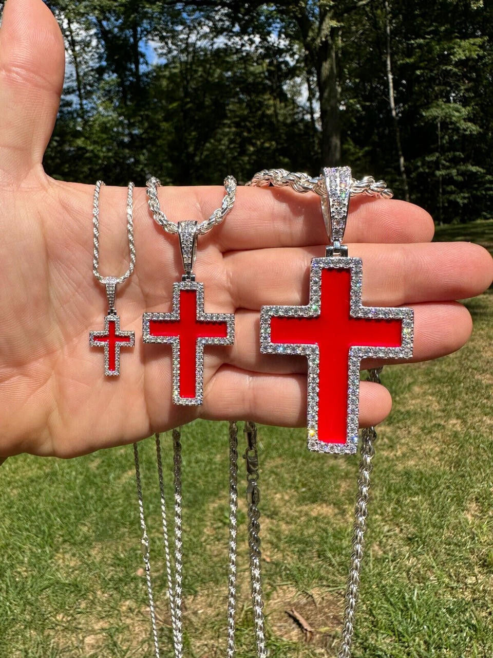 Hip Hop MOISSANITE Cross Pendant Iced Necklace Blood Red Enamel Real 925 Silver 3 Sizes