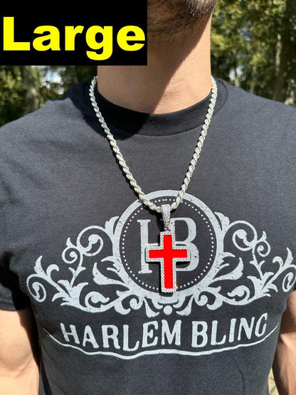 Hip Hop MOISSANITE Cross Pendant Iced Necklace Blood Red Enamel Real 925 Silver 3 Sizes