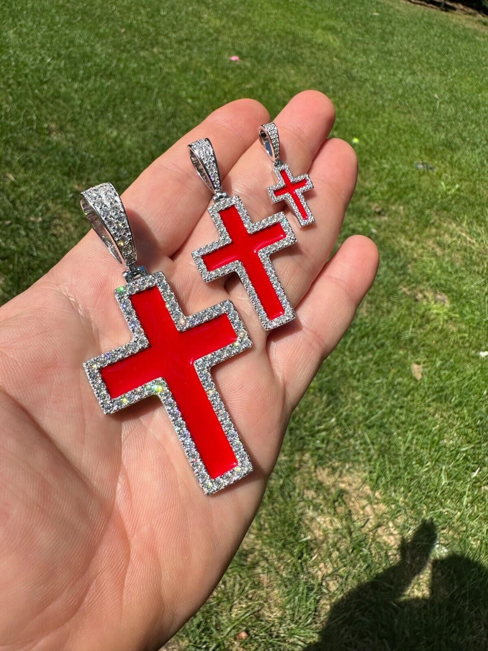 Hip Hop MOISSANITE Cross Pendant Iced Necklace Blood Red Enamel Real 925 Silver 3 Sizes