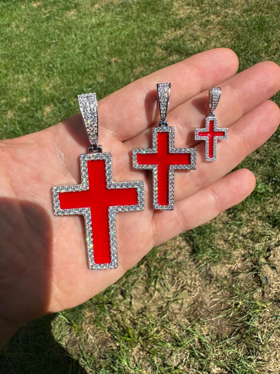 Hip Hop MOISSANITE Cross Pendant Iced Necklace Blood Red Enamel Real 925 Silver 3 Sizes