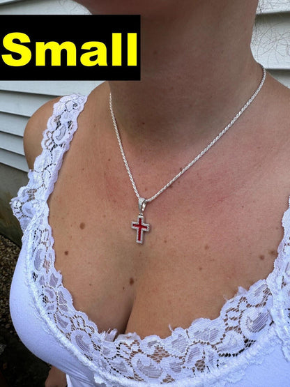 Hip Hop MOISSANITE Cross Pendant Iced Necklace Blood Red Enamel Real 925 Silver 3 Sizes
