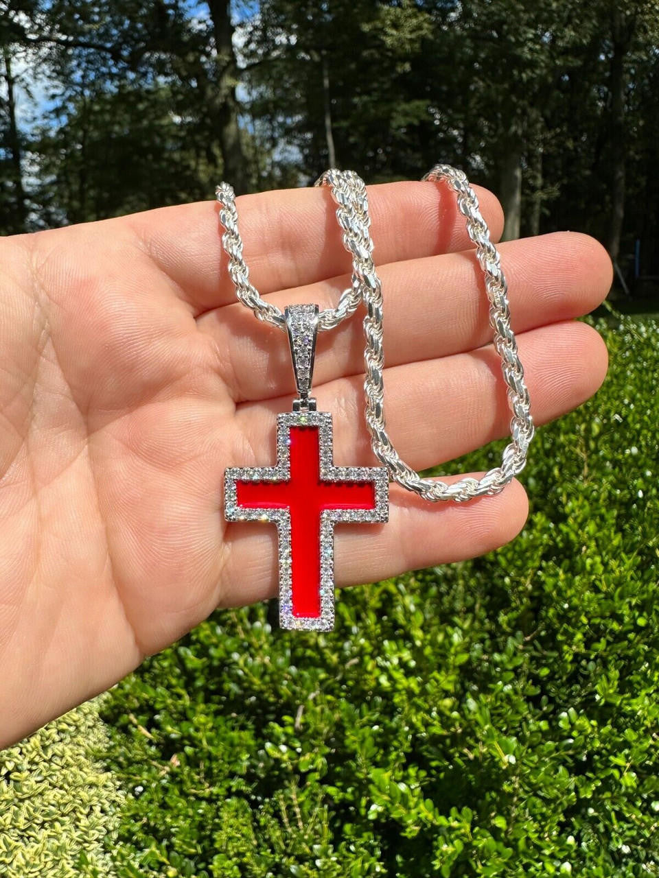 Hip Hop MOISSANITE Cross Pendant Iced Necklace Blood Red Enamel Real 925 Silver 3 Sizes