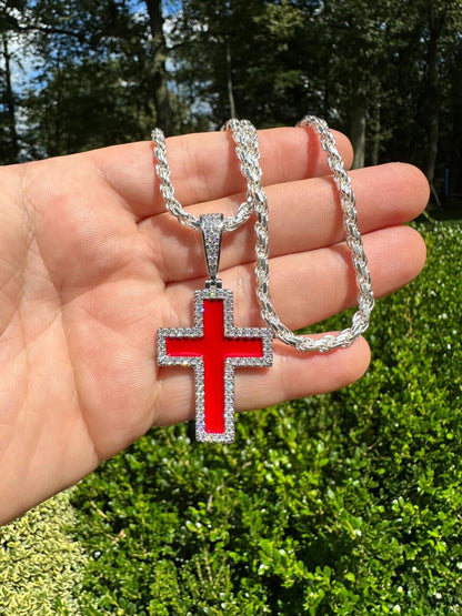 Hip Hop MOISSANITE Cross Pendant Iced Necklace Blood Red Enamel Real 925 Silver 3 Sizes