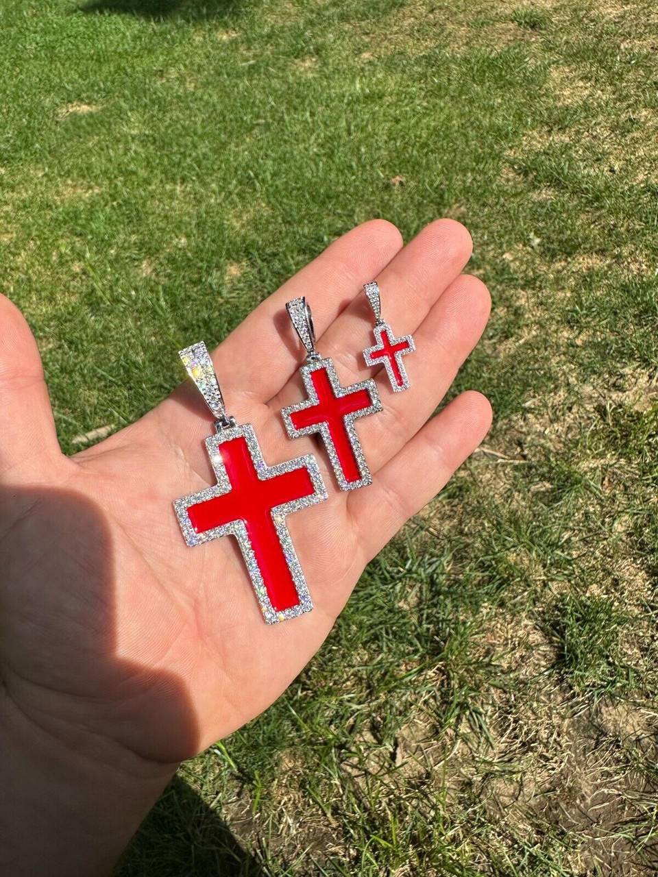Hip Hop MOISSANITE Cross Pendant Iced Necklace Blood Red Enamel Real 925 Silver 3 Sizes