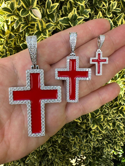 Hip Hop MOISSANITE Cross Pendant Iced Necklace Blood Red Enamel Real 925 Silver 3 Sizes