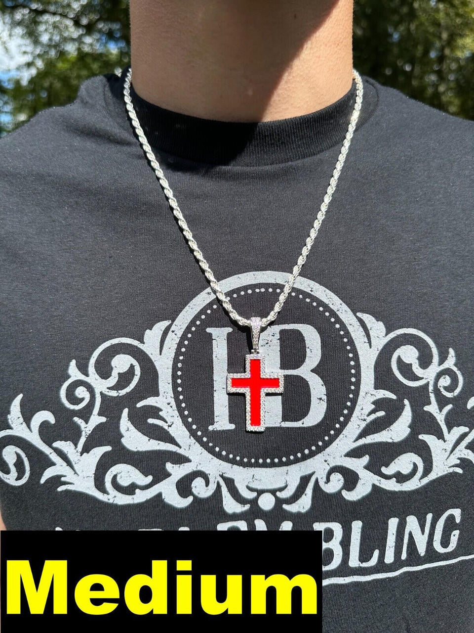 Hip Hop MOISSANITE Cross Pendant Iced Necklace Blood Red Enamel Real 925 Silver 3 Sizes