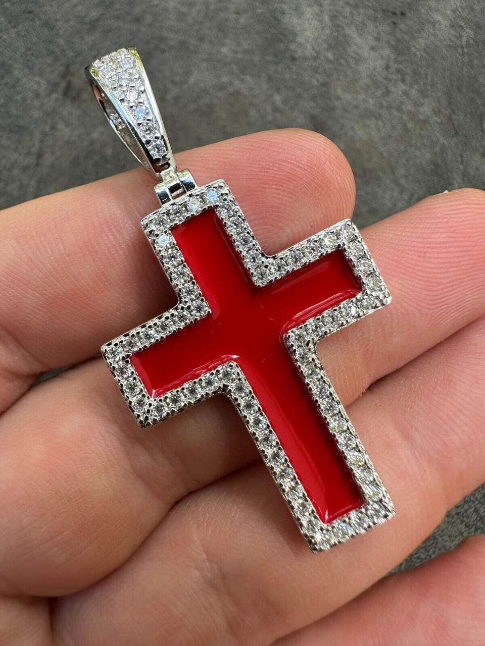 Hip Hop MOISSANITE Cross Pendant Iced Necklace Blood Red Enamel Real 925 Silver 3 Sizes