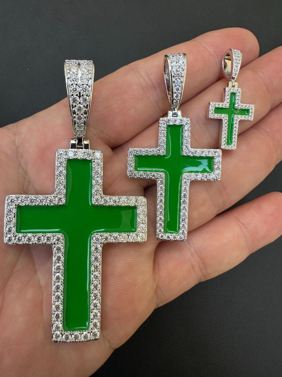 Hip Hop MOISSANITE Cross Pendant Iced Necklace Green Enamel Real 925 Silver - 3 Sizes