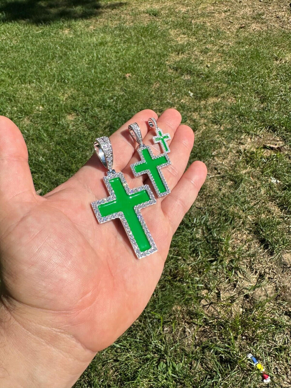 Hip Hop MOISSANITE Cross Pendant Iced Necklace Green Enamel Real 925 Silver - 3 Sizes