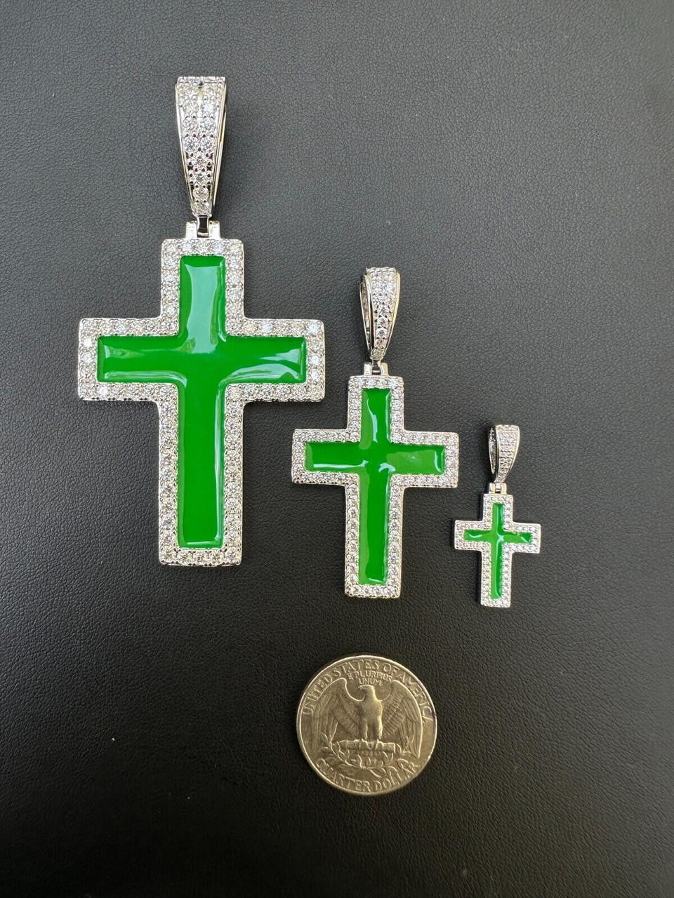 Hip Hop MOISSANITE Cross Pendant Iced Necklace Green Enamel Real 925 Silver - 3 Sizes
