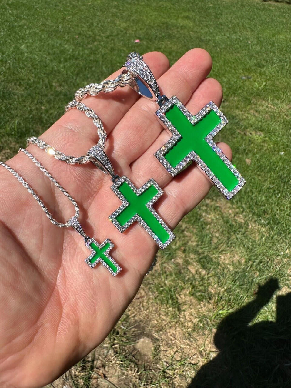Hip Hop MOISSANITE Cross Pendant Iced Necklace Green Enamel Real 925 Silver - 3 Sizes