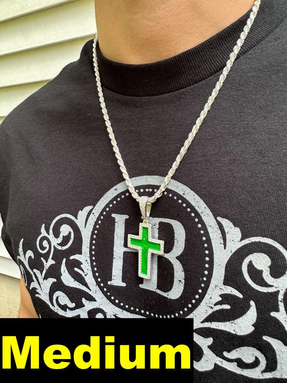 Hip Hop MOISSANITE Cross Pendant Iced Necklace Green Enamel Real 925 Silver - 3 Sizes