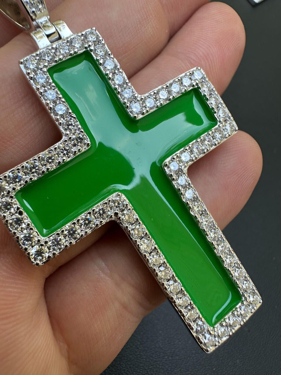 Hip Hop MOISSANITE Cross Pendant Iced Necklace Green Enamel Real 925 Silver - 3 Sizes