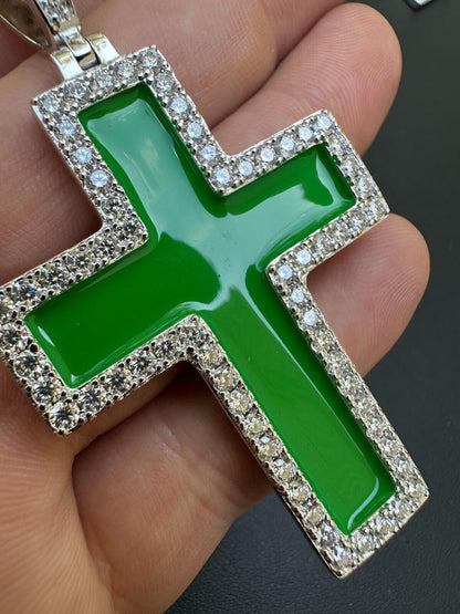 Hip Hop MOISSANITE Cross Pendant Iced Necklace Green Enamel Real 925 Silver - 3 Sizes