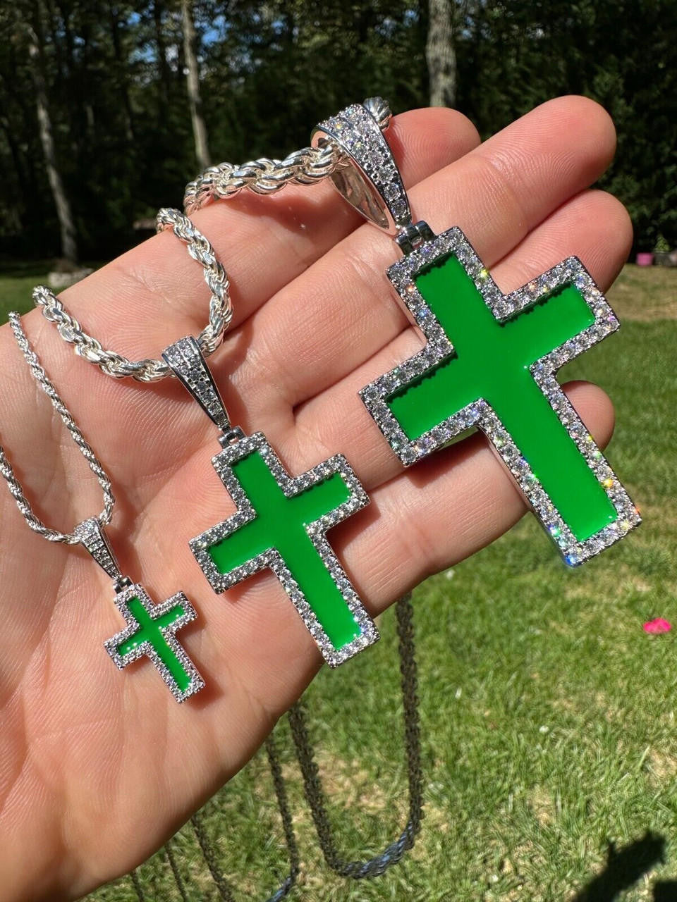 Hip Hop MOISSANITE Cross Pendant Iced Necklace Green Enamel Real 925 Silver - 3 Sizes