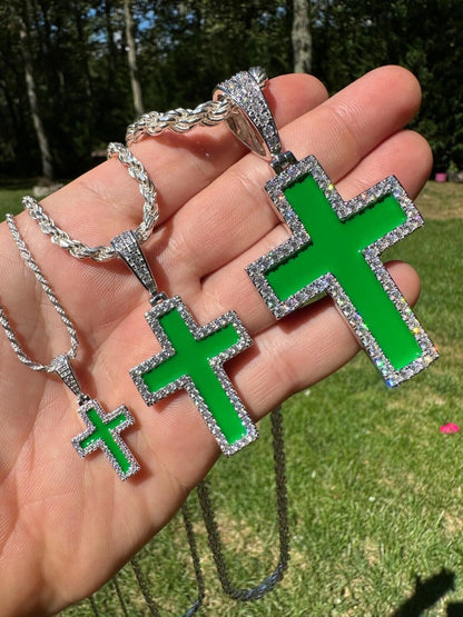 Hip Hop MOISSANITE Cross Pendant Iced Necklace Green Enamel Real 925 Silver - 3 Sizes