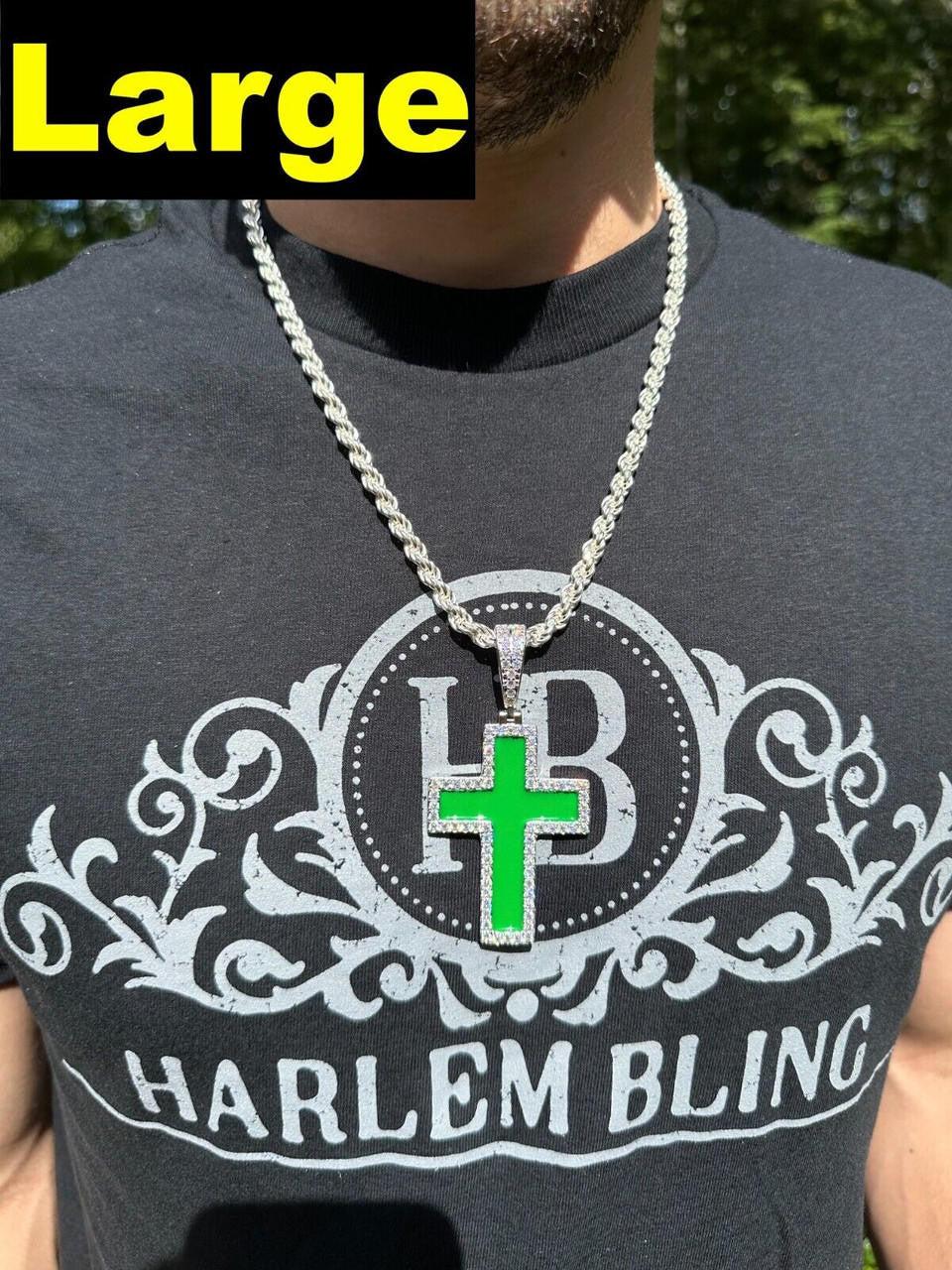 Hip Hop MOISSANITE Cross Pendant Iced Necklace Green Enamel Real 925 Silver - 3 Sizes