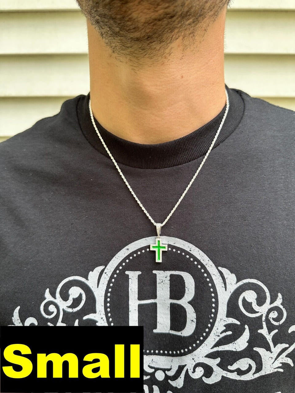 Hip Hop MOISSANITE Cross Pendant Iced Necklace Green Enamel Real 925 Silver - 3 Sizes
