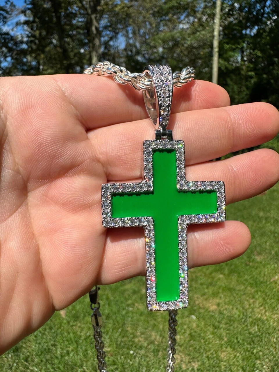 Hip Hop MOISSANITE Cross Pendant Iced Necklace Green Enamel Real 925 Silver - 3 Sizes