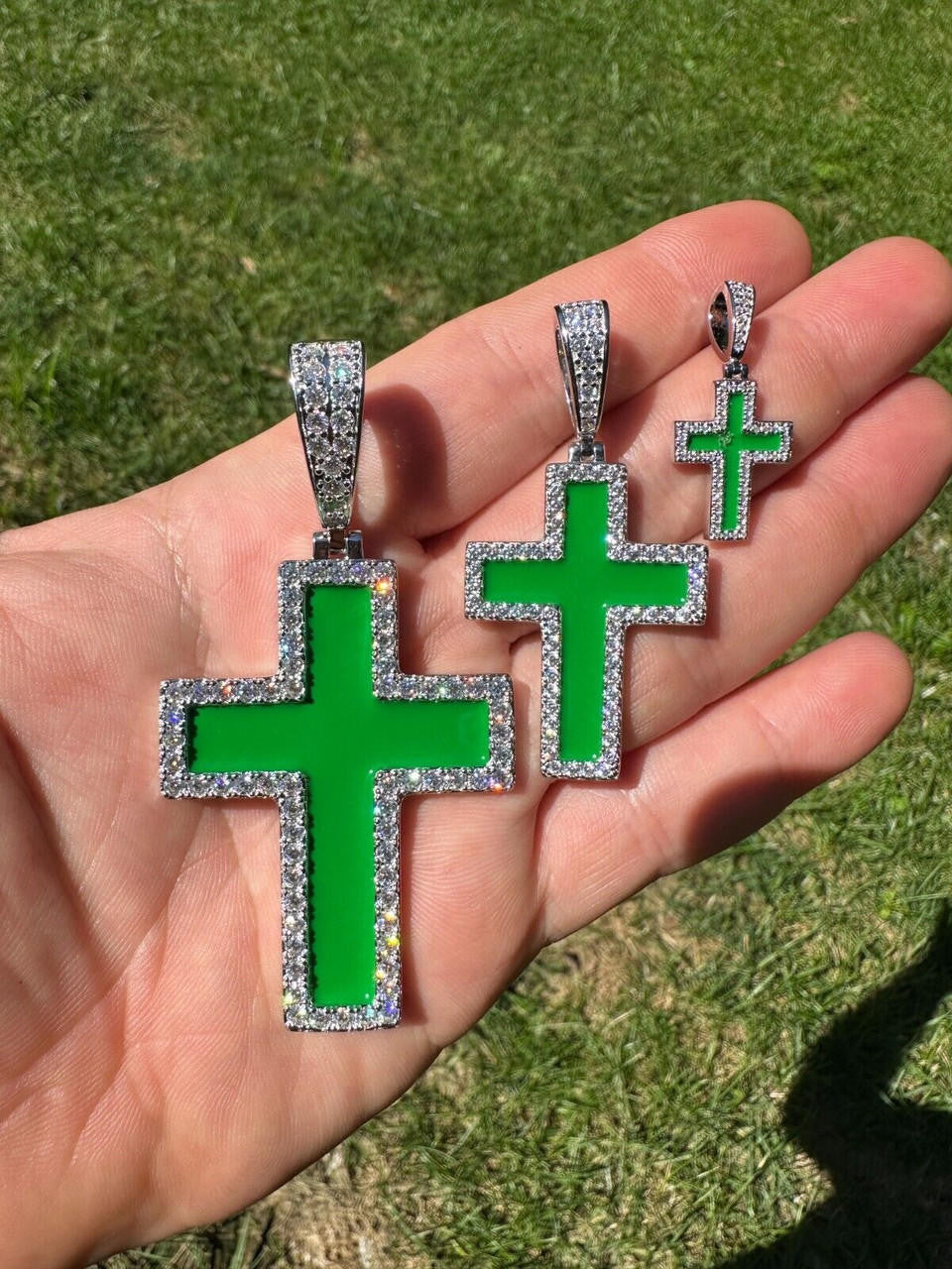Hip Hop MOISSANITE Cross Pendant Iced Necklace Green Enamel Real 925 Silver - 3 Sizes