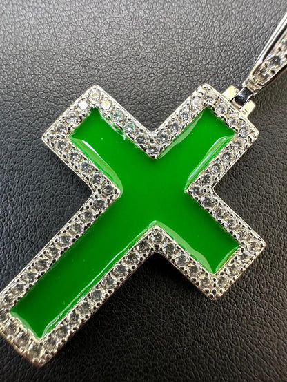 Hip Hop MOISSANITE Cross Pendant Iced Necklace Green Enamel Real 925 Silver - 3 Sizes