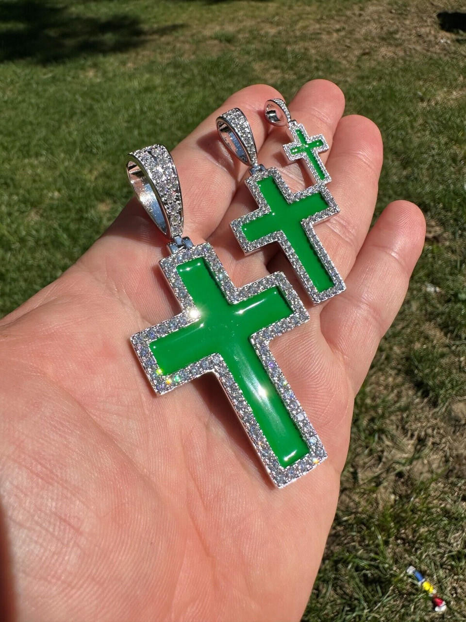 Hip Hop MOISSANITE Cross Pendant Iced Necklace Green Enamel Real 925 Silver - 3 Sizes