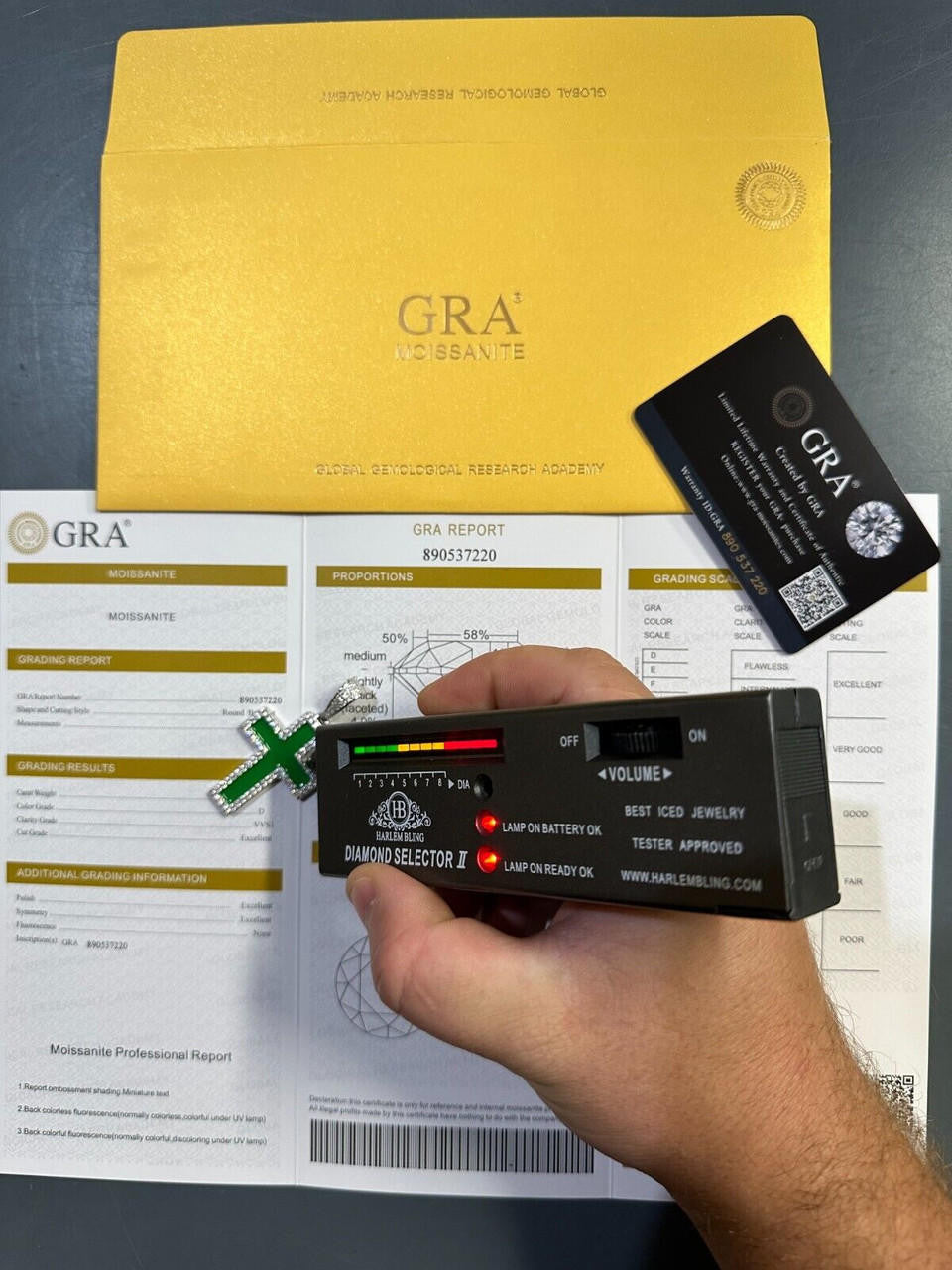 Hip Hop MOISSANITE Cross Pendant Iced Necklace Green Enamel Real 925 Silver - 3 Sizes