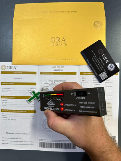 Hip Hop MOISSANITE Cross Pendant Iced Necklace Green Enamel Real 925 Silver - 3 Sizes