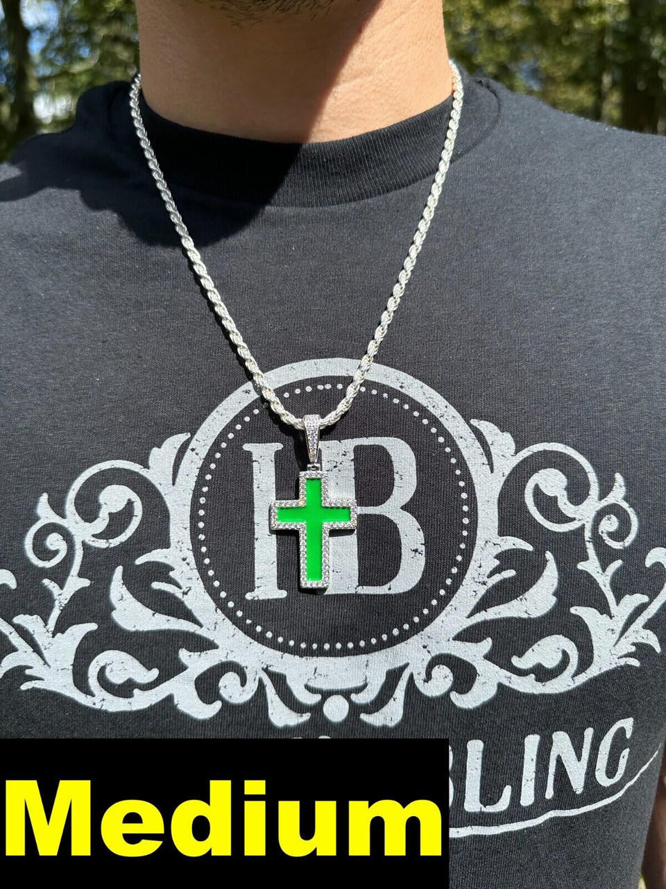 Hip Hop MOISSANITE Cross Pendant Iced Necklace Green Enamel Real 925 Silver - 3 Sizes