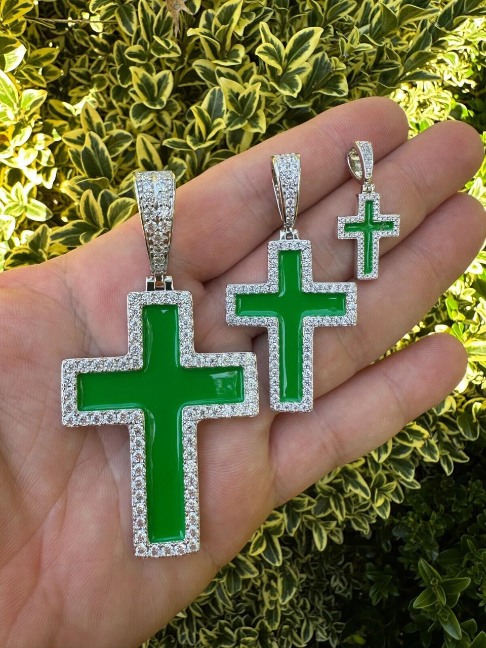 Hip Hop MOISSANITE Cross Pendant Iced Necklace Green Enamel Real 925 Silver - 3 Sizes