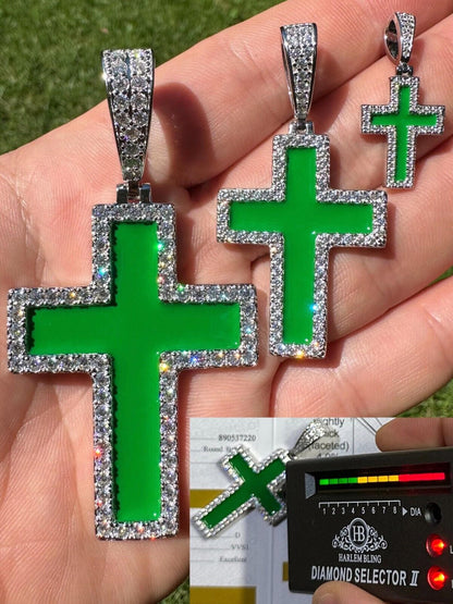Hip Hop MOISSANITE Cross Pendant Iced Necklace Green Enamel Real 925 Silver - 3 Sizes