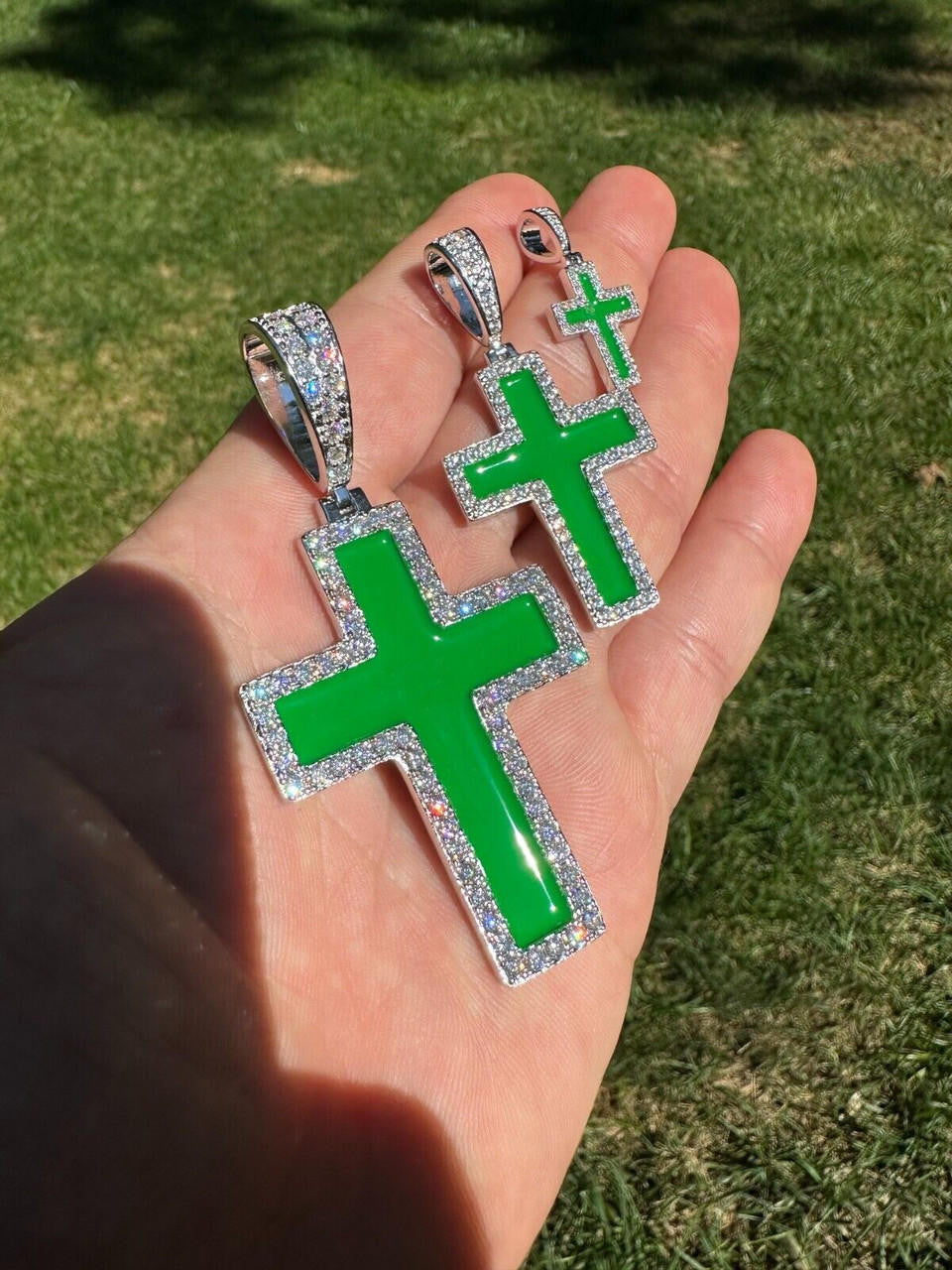 Hip Hop MOISSANITE Cross Pendant Iced Necklace Green Enamel Real 925 Silver - 3 Sizes