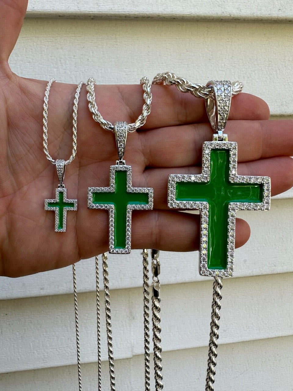 Hip Hop MOISSANITE Cross Pendant Iced Necklace Green Enamel Real 925 Silver - 3 Sizes