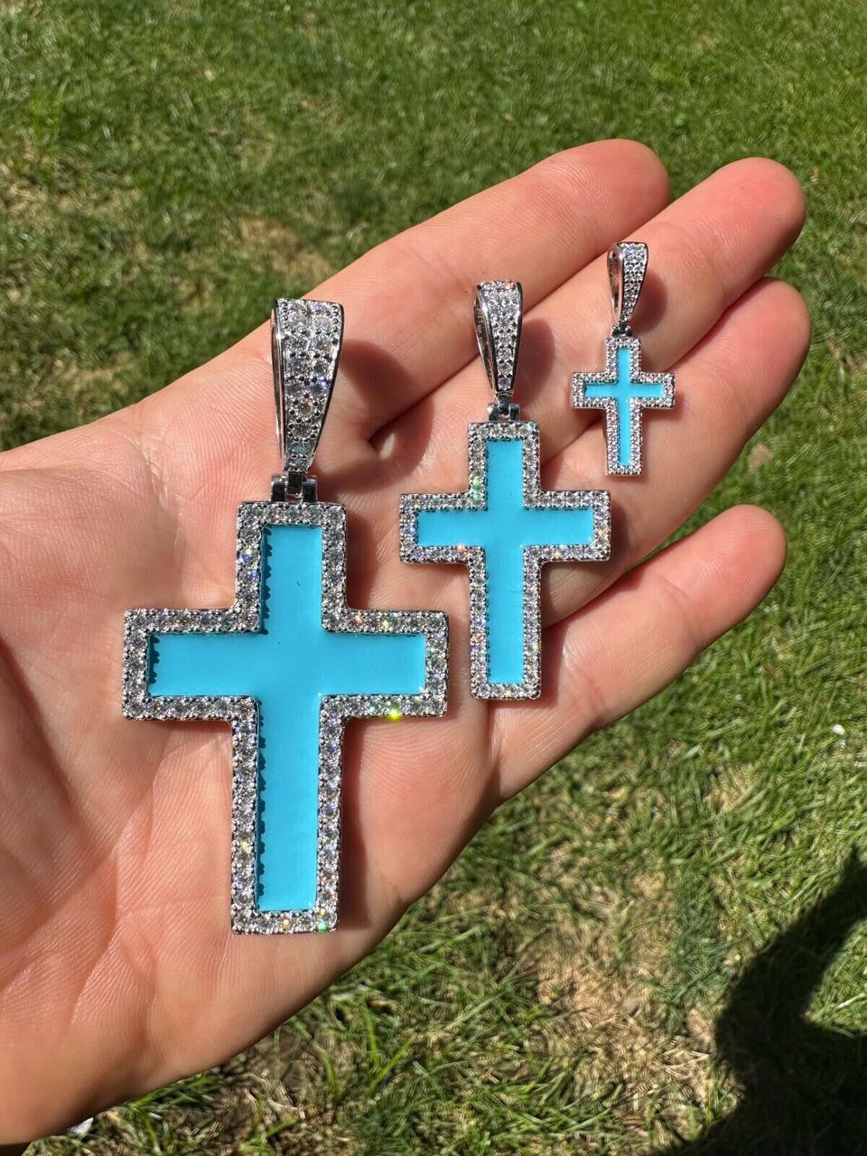 Hip Hop MOISSANITE Cross Pendant Iced Necklace Light Blue Enamel Real 925 Silver 3 Sizes