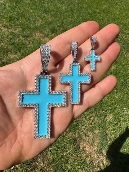 Hip Hop MOISSANITE Cross Pendant Iced Necklace Light Blue Enamel Real 925 Silver 3 Sizes